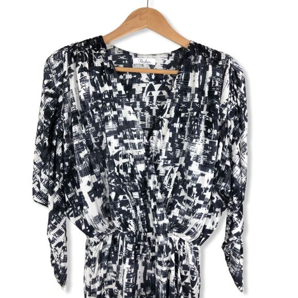 Parker Catalina Mini Dress in Gazette Print Black White size XS Dolman Surplice - Picture 5 of 15